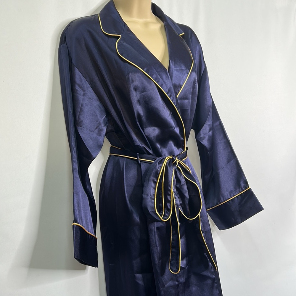 Victoria’s Secret vintage 1996 satin blue gold pocketed long sleeve/length robe - Picture 2 of 11